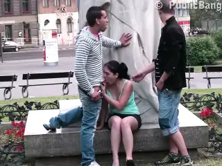 PUBLIC street gangbang threesome with a cute teen girl