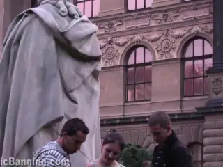 Cute teenage girl fucking in PUBLIC street by famous statue