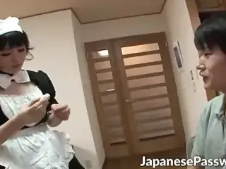 Beautiful Japanese maid masturbates her love tube all alone