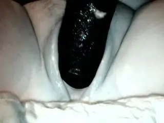 Cream filled pussy, fucked with huge black toy and cum