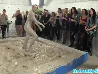 Lesbo Sheila Cooper mudwrestles with eurobabe