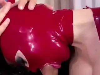 Threesome With Red and Clear Latex Catsuits