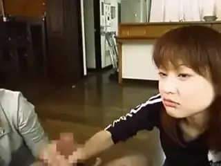 Subtitled Japanese CFNM femdom duo with handjob cumshot
