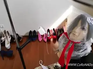 Doll in self-bondage, breath play