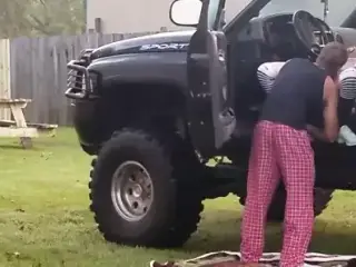 Amateur redhead in 4x4 gets fuck in public