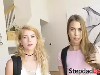 Naughty teens Arya Fae and Jill Kassidy make threesome sex