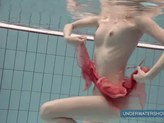 Katya Okuneva in red dress pool girl