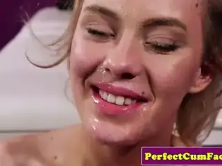 Massaged beauty covered in in layers of cum