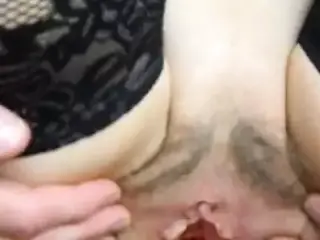 wife's hairy cunt, spread pink swollen clit and cumshot