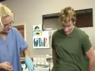 Gloved doctor wanks patient till big cumload