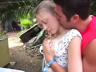 Lucky dude fucks a small pale blonde with nice tits in the woods