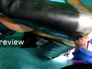 Handjob by fetish wife in the morning, cum on leather boots