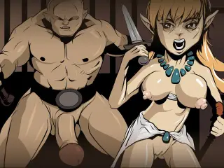 Naked dungeos & dragons fantasy elf girl running from big dicked cave troll in hentai cartoon style.