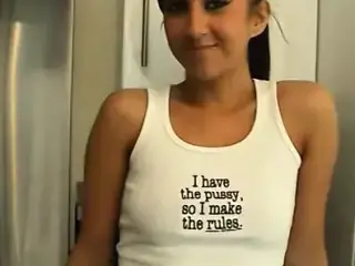 Slutty schoolgirl with perky tits strips in her room
