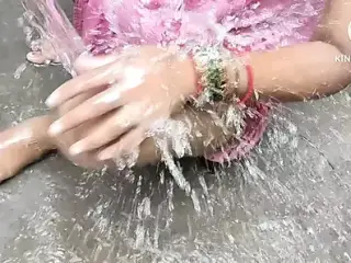 Indian house wife bathing outside with sex