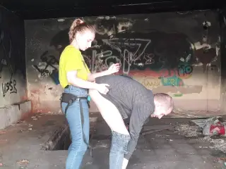 Femdom Mistress Uses Strap-On On Her Slave In A Scary Abandoned Bunker