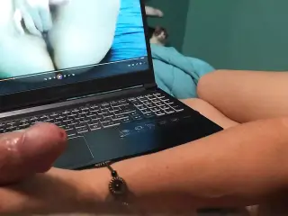 Bella giving housemate handjob while watching porn