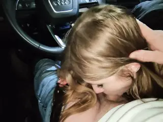 Cute Redhead Sexwife Sucked In The Car While Her Cuckold Loser Husband Jerks Off At Home