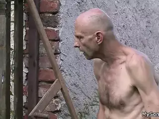 Old man getting busted pleasing sons gf outdoors