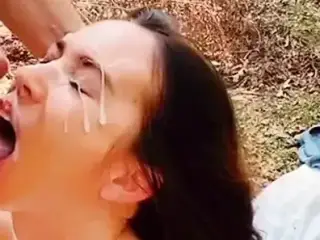 Slut Wife Blowjob in the Woods and Facial