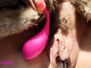 hairy wet butterfly pussy tests her new toy and pisses on the balcony with lust