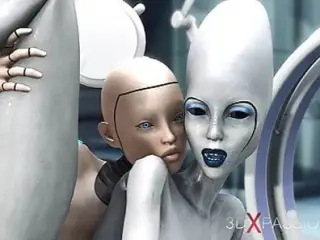 Female sex android plays with an alien in the sci-fi lab