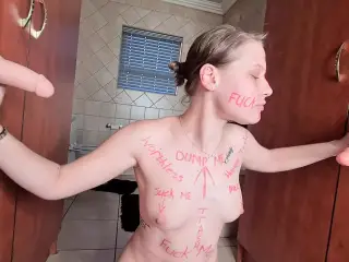 Body writing pale slut sucking and fucking two suction cup dildos, spit roast fetish