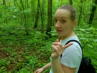 Shy schoolgirl helped me cum and showed her naughty talents! Risky blowjob and handjob in the forest with birds singing!