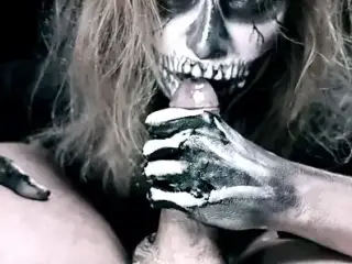 Skeleton girl sucks cock. Horror halloween