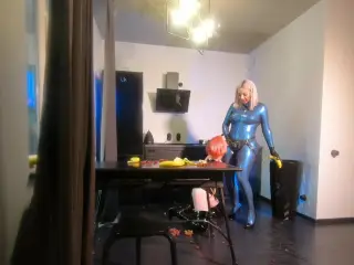Strapon Suck and Food Fetish Latex Lesbian Femdom Sex, free