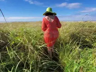 Christine's transparent dress and her walk on public beach