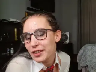 Nerdy girl with glasses sucking dick, cum on glasses