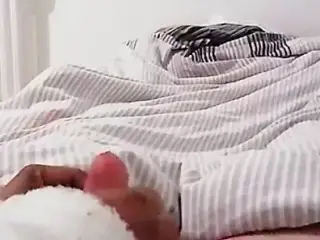 Handjob by hot ebony girl with happy end (small white dick)