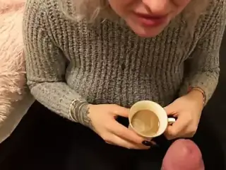 Blonde slut drinks COFFEE with CUM