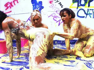 Big Tits Big Ass Lesbian Sluts get wet & messy with an Oily Wrestling Threesome Sex Party for Orgasm and Fun