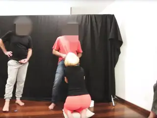 Blowjob for friends behind the stage of the theater.