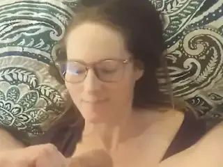 Hottie in Glasses Licks Balls and Gets Cum on Her Face POV