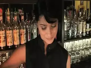 Dark haired babe sucking and riding an old cock at the bar