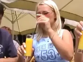 Two amazing blonde chicks from Germany sharing a cock in public