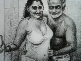 Erotic Art Or Drawing Sexy Desi Indian Woman inside Bathroom with Father In Law