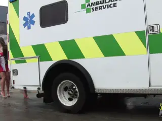 Naughty nurses having fun with two guys in the ambulance