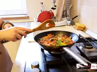 the housewife alone at home prepares a quick dinner naked in the kitchen. compilation