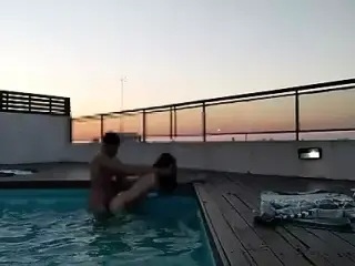 cumming a lot in the pool at sunset - accounter adventures