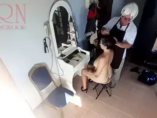 Camera In Nude Barbershop. Hairdresser Makes Lady Undress To Cut Her Hair. Barber, Nudism. Cam 21