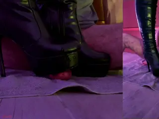 Bootjob, Trample & Cock Torture in Sexy Leather Knee High Heels Boots