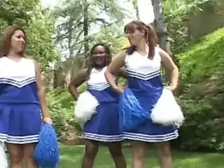 Plump brunette cheerleader rides thick cock outside