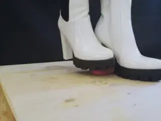 Crushing and Trampling Slave's Cock in White Dangerous Heeled Boots - CBT