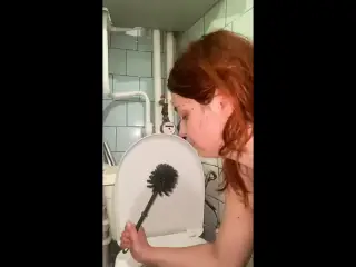 dirty toilet licking, toilet brush, spit from the floor