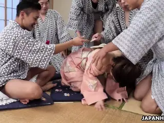 Japanese Hikaru Kirishima in kimono had group sex uncensored.