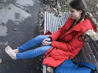 Dirty feet in park get cleaned by a stranger, POV